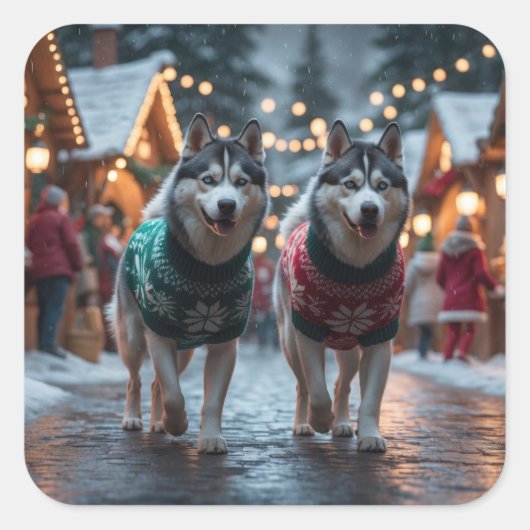 Siberian Husky Dogs Christmas Snow Holiday Quadratischer Aufkleber (Vorderseite)