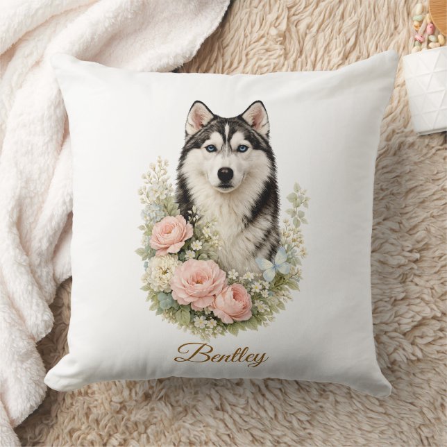 Siberian Husky Floral Portrait Kissen (Decke)