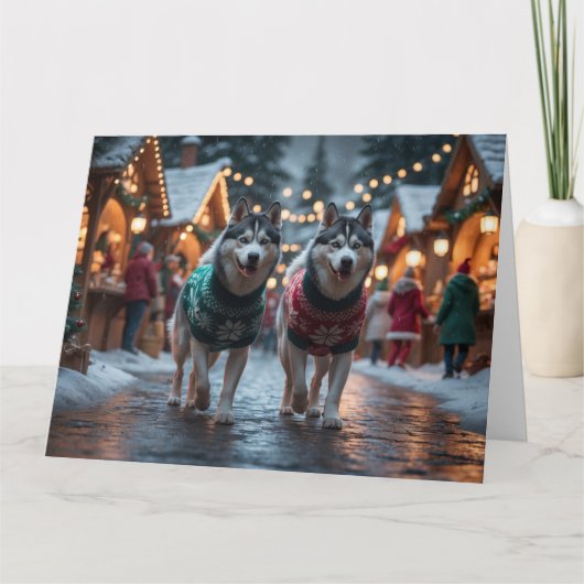 Siberian Husky Hunde Weihnachtsschneeurlaub Karte (Vorderseite)