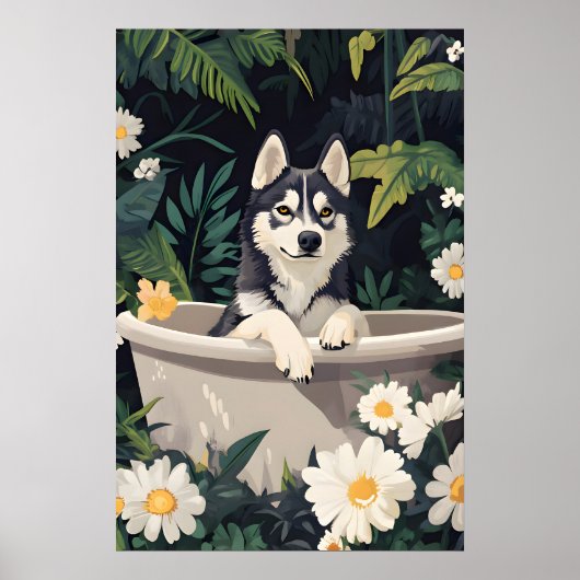 Siberian Husky In Bathtub Poster, Funny Dog Poster (Vorne)