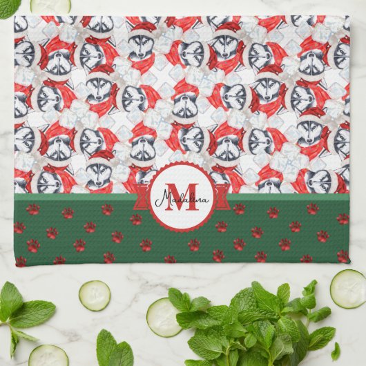 Siberian Husky Muster Monogram Christmas Dog Geschirrtuch (Gefaltet)