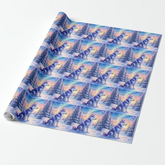 Siberian Husky Northern Lights Christmas Winter Geschenkpapier (Ungerollt)