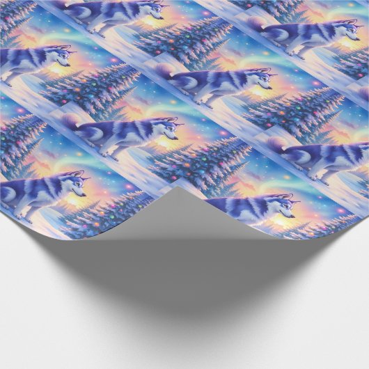 Siberian Husky Northern Lights Christmas Winter Geschenkpapier (Ecke)