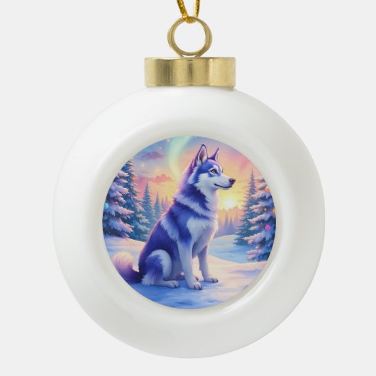 Siberian Husky Northern Lights Christmas Winter Keramik Kugel-Ornament (Vorderseite)