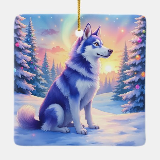 Siberian Husky Northern Lights Christmas Winter Keramikornament (Rückseite)