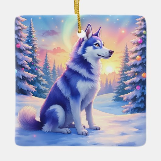 Siberian Husky Northern Lights Christmas Winter Keramikornament (Vorderseite)