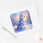 Siberian Husky Northern Lights Christmas Winter Quadratischer Aufkleber (Umschlag)