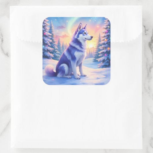 Siberian Husky Northern Lights Christmas Winter Quadratischer Aufkleber (Tasche)