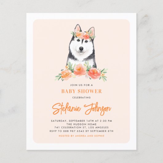 Siberian Husky Peach Floral Baby Shower Einladung (Vorderseite)