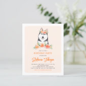 Siberian Husky Peach Floral Birthday Invitation (Stehend Vorderseite)
