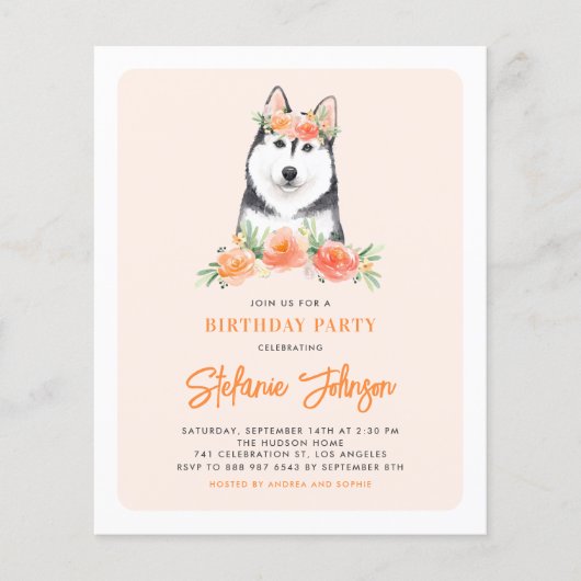 Siberian Husky Peach Floral Birthday Invitation (Vorderseite)