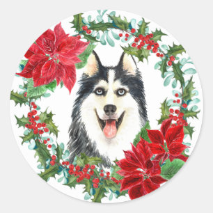 Siberian Husky Poinsettia Holly Christmas Wreath Runder Aufkleber