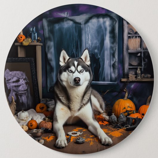 Siberian Husky Pumpkins Halloween Beängstigend Button (Vorderseite)