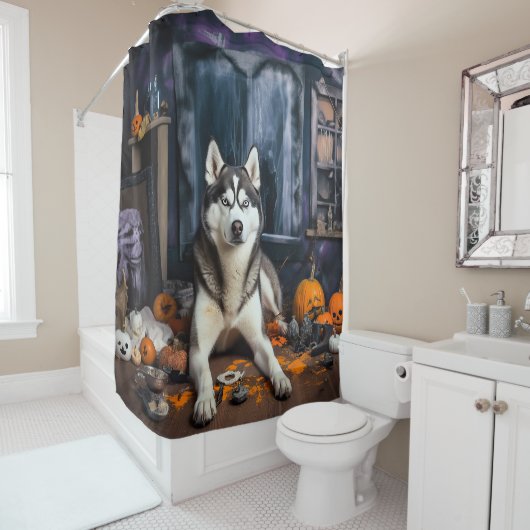 Siberian Husky Pumpkins Halloween Beängstigend Duschvorhang (Beispiel)