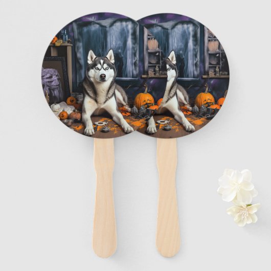 Siberian Husky Pumpkins Halloween Beängstigend Fächer (Vorne und Hinten)