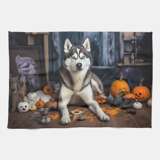 Siberian Husky Pumpkins Halloween Beängstigend Geschirrtuch (Horizontal)