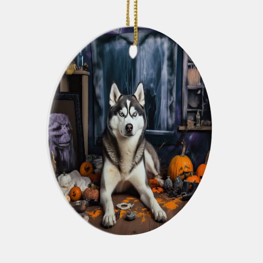 Siberian Husky Pumpkins Halloween Beängstigend Keramik Ornament (Rechts)