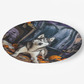 Siberian Husky Pumpkins Halloween Beängstigend Pappteller (Schrägansicht)