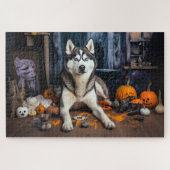Siberian Husky Pumpkins Halloween Beängstigend Puzzle (Horizontal)