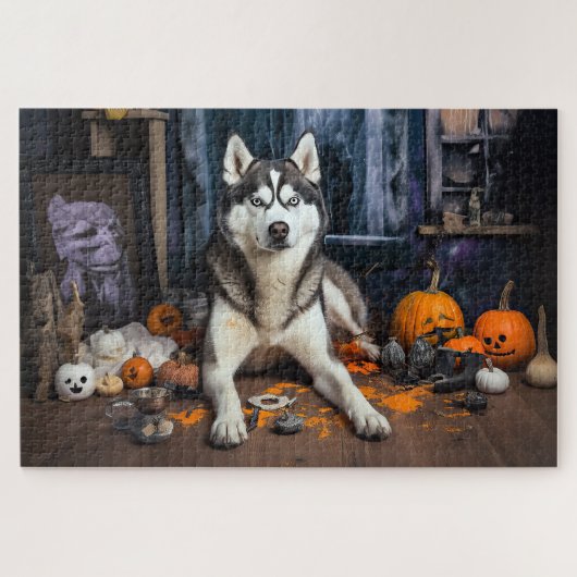 Siberian Husky Pumpkins Halloween Beängstigend Puzzle (Horizontal)