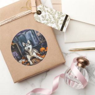 Siberian Husky Pumpkins Halloween Beängstigend Runder Aufkleber