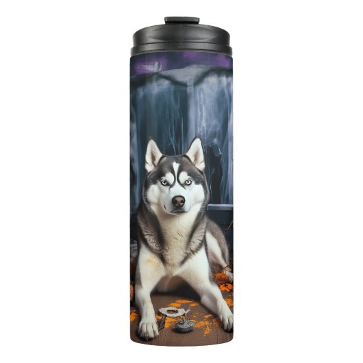 Siberian Husky Pumpkins Halloween Beängstigend Thermosbecher (Vorderseite)