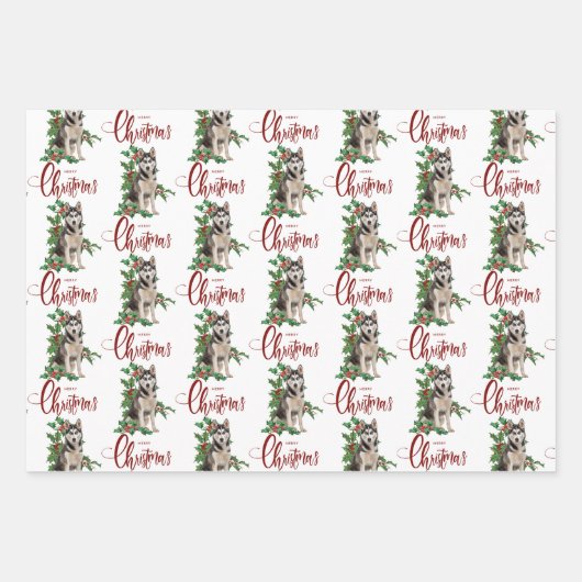 Siberian Husky Red Berry Holly Weihnachten Geschenkpapier Set (Vorderseite 3)