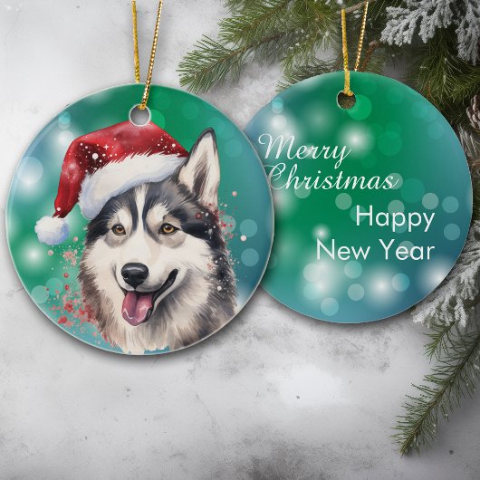 Siberian Husky Red Weihnachtsmannmütze Bokeh Weihn Keramik Ornament
