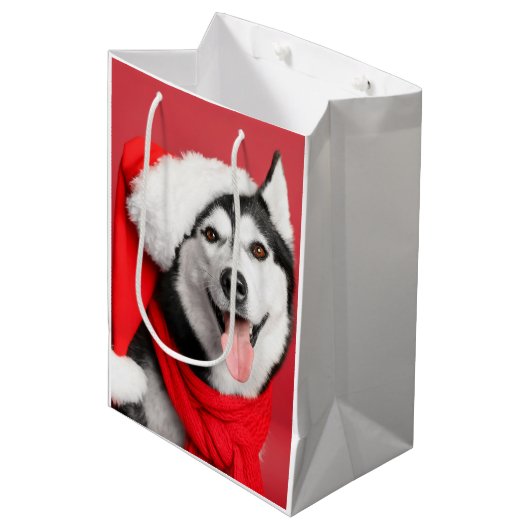 Siberian Husky Santa Medium Geschenktasche Mittlere Geschenktüte (Vorderseite Schrägansicht)