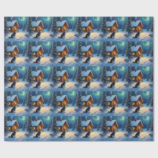 Siberian Husky Snowy Cabin Christmas Painting Geschenkpapier (Flach)