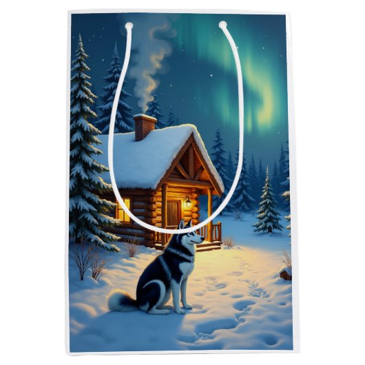 Siberian Husky Snowy Cabin Christmas Painting Mittlere Geschenktüte (Vorderseite)