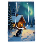 Siberian Husky Snowy Cabin Christmas Painting Mittlere Geschenktüte (Rückseite)