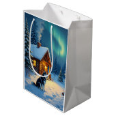 Siberian Husky Snowy Cabin Christmas Painting Mittlere Geschenktüte (Rückseite Schrägansicht)