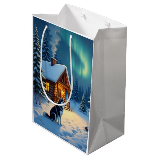 Siberian Husky Snowy Cabin Christmas Painting Mittlere Geschenktüte (Rückseite Schrägansicht)