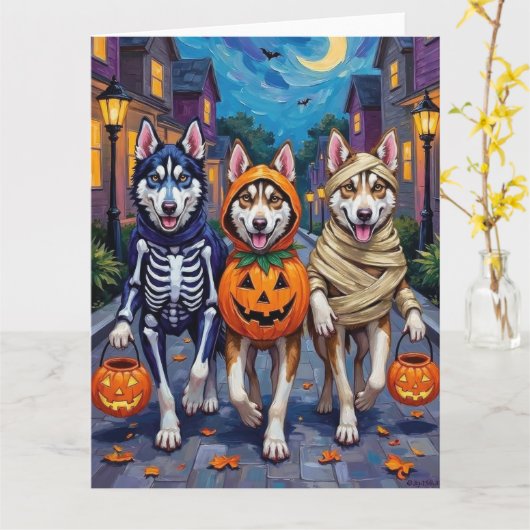 Siberian Husky Trick-or-Treating Halloween Costume Karte (Gelbe Blume)