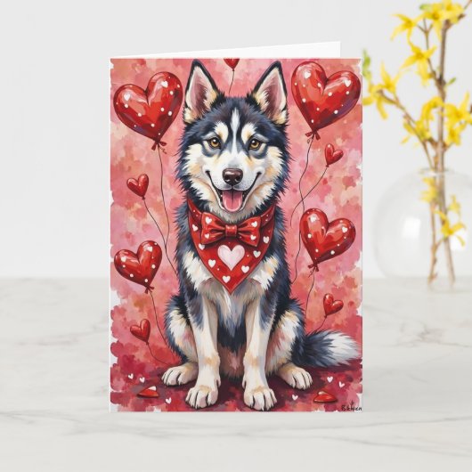 Siberian Husky Valentine Dog Sitting with Hearts Karte (Gelbe Blume)
