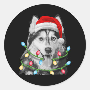Siberian Husky Weihnachtsbaum Lichter Weihnachten Runder Aufkleber