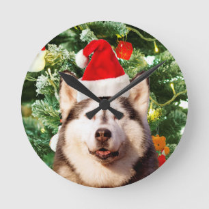Siberian Husky Weihnachtsbaum Ornamente Schneemann Runde Wanduhr