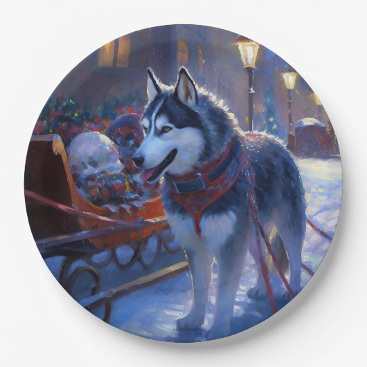 Siberian Husky Weihnachtssaison Pappteller (Vorderseite)