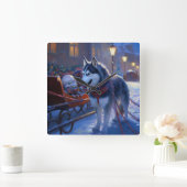 Siberian Husky Weihnachtssaison Quadratische Wanduhr (Zuhause)