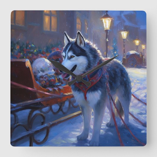 Siberian Husky Weihnachtssaison Quadratische Wanduhr (Vorderseite)
