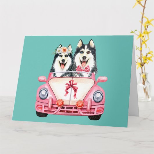 Siberian Huskys Hochzeitsdesign Karte (Gelbe Blume)
