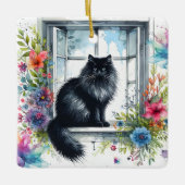 Siberische Katze auf Fenster mit Aquarellbildern Keramikornament (Vorderseite)