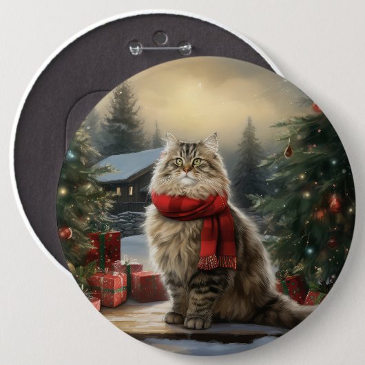 Siberische Katze im Schnee Weihnachten Button (Vorne & Hinten)