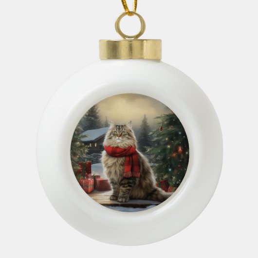 Siberische Katze im Schnee Weihnachten Keramik Kugel-Ornament (Vorderseite)