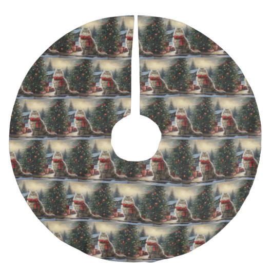 Siberische Katze im Schnee Weihnachten Polyester Weihnachtsbaumdecke (Vorderseite)