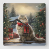 Siberische Katze im Schnee Weihnachten Quadratische Wanduhr (Vorderseite)