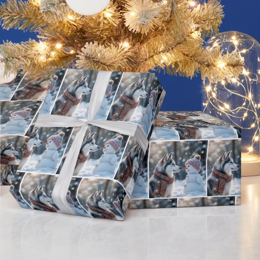 Siberischer Husky beim Snowman Geschenkpapier (Feiertage)