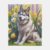 Siberischer Husky Dog Frühlingsblumen Malerei Fleecedecke (Vorderseite)