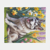 Siberischer Husky Dog Frühlingsblumen Malerei Fleecedecke (Vorderseite (Horizontal))